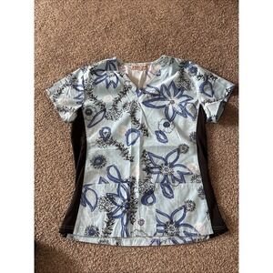 Green Town V Neck Floral Print Womens Scrub Top‎ Size Medium